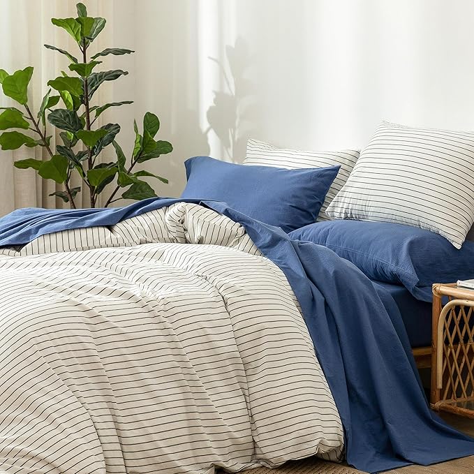 MooMee Bedding Sheet Set 100% Washed Cotton Linen Like Textured Breathable Durable Soft Comfy (Solid Navy, King)