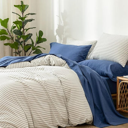 MooMee Bedding Sheet Set 100% Washed Cotton Linen Like Textured Breathable Durable Soft Comfy (Solid Navy, King)