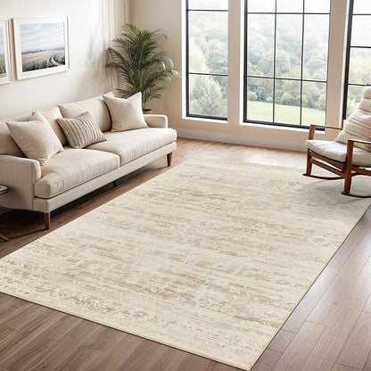 6x9 Area Rugs for Living Room, Stain Resistant Neutral Washable Rugs for Dining Room, Floral Vintage Non-Slip Thin Area Rug Farmhouse Rug Beige Ivory