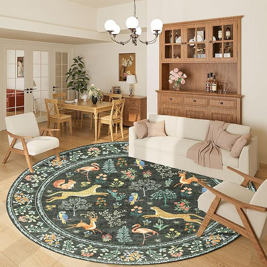 DUKINO 6ft Round Rug for Bedroom, Animal Print Washable Circle Rug with Low Pile Design, Soft Indoor Floor Non Slip Carpet for Entryway, Living Room, Office, Dining Room, Black