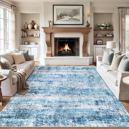 Area Rugs 10x12 Living Room - Washable Rug Modern Abstract Soft Large Neutral Non-Slip Carpet Indoor Floor Thin Carpets for Bedroom Dining Room Farmhouse Nursery Home Office Blue Grey