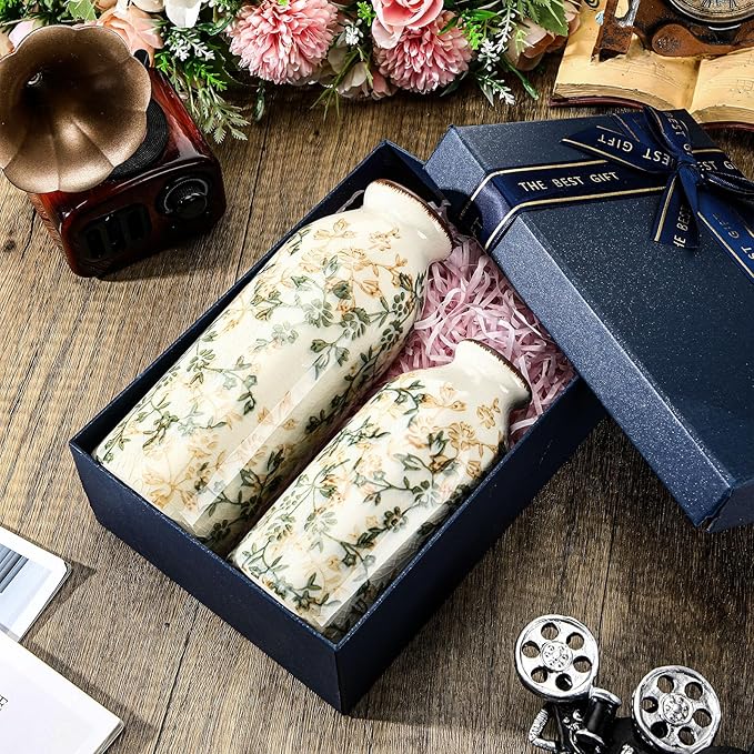 2 Pcs Vintage Ceramic Flower Vase Chinoiserie Antique Floral Vase Rustic Boho Farmhouse Decor for Home Table Bookshelf Aesthetic Centerpiece Gift (6.1 Inches/7.8 Inches)