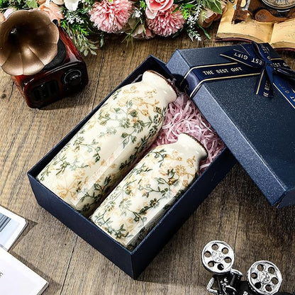 2 Pcs Vintage Ceramic Flower Vase Chinoiserie Antique Floral Vase Rustic Boho Farmhouse Decor for Home Table Bookshelf Aesthetic Centerpiece Gift (6.1 Inches/7.8 Inches)