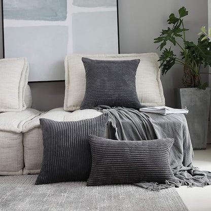 Home Brilliant Set of 2 Throw Pillow Covers Soft Velvet Corduroy Striped Square Cushion Cover for Couch, 50cm, 20 x 20 Inch, Dark Grey