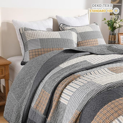 128"x120" Cotton Oversized King Bedspread Coverlet, Gray Plaid Extra Large Quilt Set with Pillow Shams, Lightweight Farmhouse Reversible Quilted Bedspreads, All Season, 3 Piece