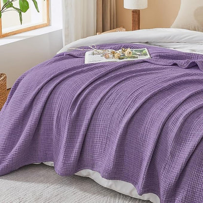 EMME Cotton Muslin Queen Blanket Bed Layering Breathable Gauze Blanket Soft Lightweight Blankets Adults (Purple, 90"x90")