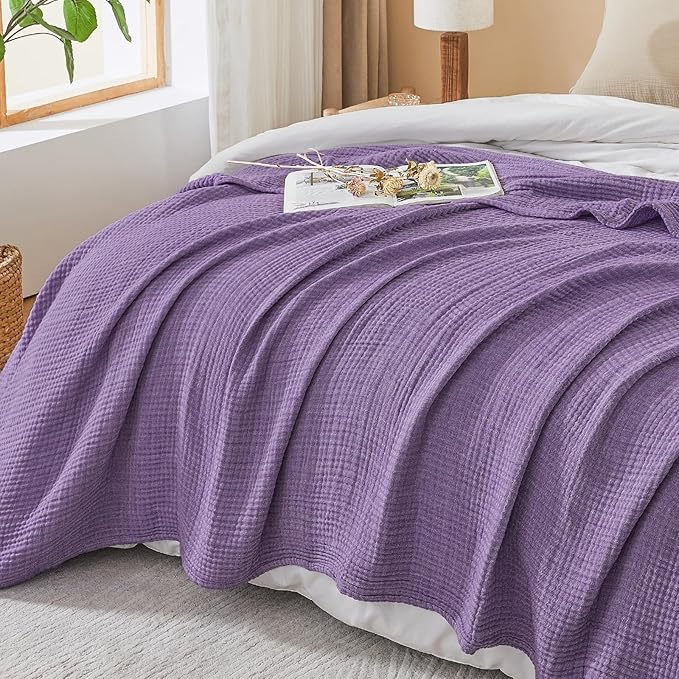 EMME Cotton Muslin King Blanket Bed Layering Breathable Gauze Blanket Soft Lightweight Blankets Adults (Purple, 108"x90")