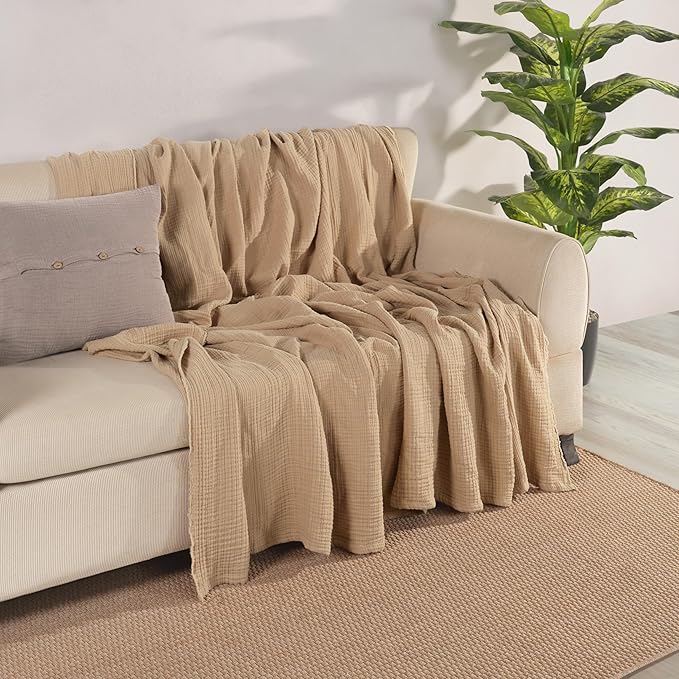 Muslin Blanket - Pure 100% Turkish Cotton Airy Soft Light Versatile Gauze Throw Blanket for Bed, Couch, Sofa (Beige, Throw Size (50" x 66" inch))