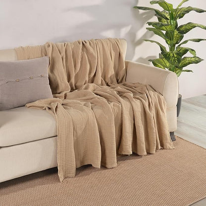 Muslin Blanket - Pure 100% Turkish Cotton Airy Soft Light Versatile Gauze Throw Blanket for Bed, Couch, Sofa (Beige, Throw Size (50" x 66" inch))