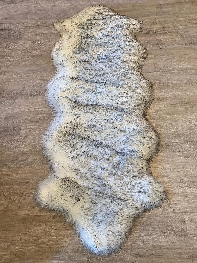LAMBZY Faux Sheepskin Super Soft Hypoallergenic Silky Shag Rug for Living Room, Kids Room, Sofa (Double 2'x6', White/Black Tips)