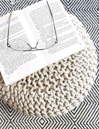 FRELISH DECOR Round Pouf Ottoman Hand Knitted 100% Cotton Pouf Foot Stool - Knitted Bean Bag - Floor Chair for Living Room Bedroom - Foot Rest for Couch (20 Diameter x 14 Height) - Natural