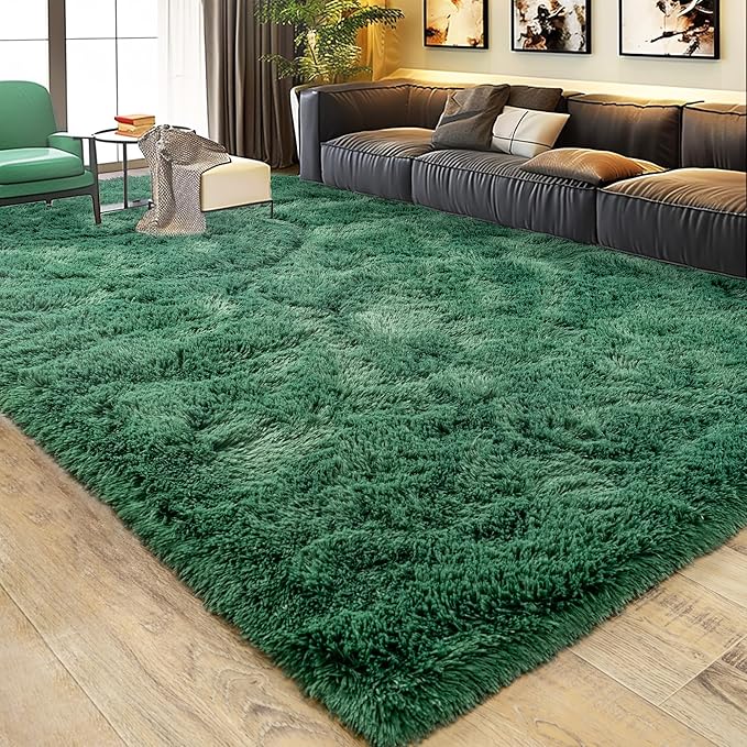 Large 9x12 Area Rugs for Living Room, Ultra Soft Shag Living Room Rug Thick Fluffy Rug for Bedroom, Plush Fuzzy Carpet for Girls Boys Kids Room Non Slip Dorm for Home Decor Aesthetic, Dark Green