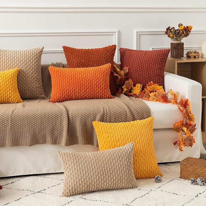 Kevin Textile Tan Throw Pillow Covers Soft Corduroy Decorative Set of 2 Boho Striped Pillow Covers Pillowcases Farmhouse Home Decor for Couch Bed Sofa Living Room 26x26 Inch