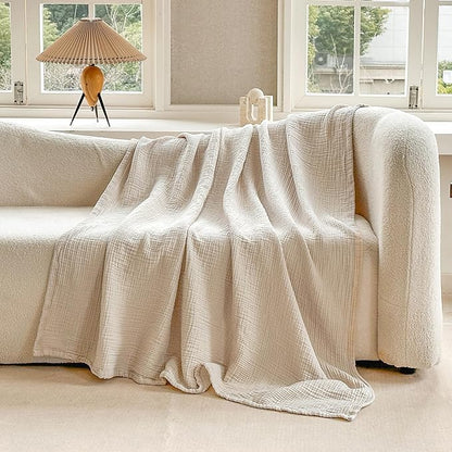 FALUCA Cotton Muslin Reversible Blanket Twin Size for Bed, Couch, Four Layers Blanket, Soft Lightweight Cozy Breathable Farmhouse Decoration for All-Season, Khaki