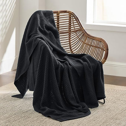 Bedsure Gentlesoft 100% Cotton Blanket Twin XL Size for College Dorm - Breathable and Soft, Waffle Weave Twin Blanket for Summer, Dorm Room Essentials, Black, 66x90 inches