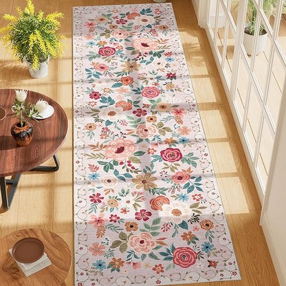 DUKINO Runner Rug, 2x7 Boho Kitchen Rug for Hallways with Low Pile Design, Washable Non Slip Backing Soft Floral Runner for Kitchen, Hallway, Entryway, Bedroom, Laundry, Beige