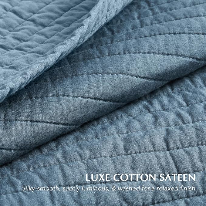 EVERGRACEHOME Cotton Sateen Quilt Set King Size, Pre-Washed Cotton Channel Stitch Coverlet Bedspread, 3 Pieces Lightweight Soft Bedding Sets for All Season, with 2 Pillow Shams, Sonoma Blue