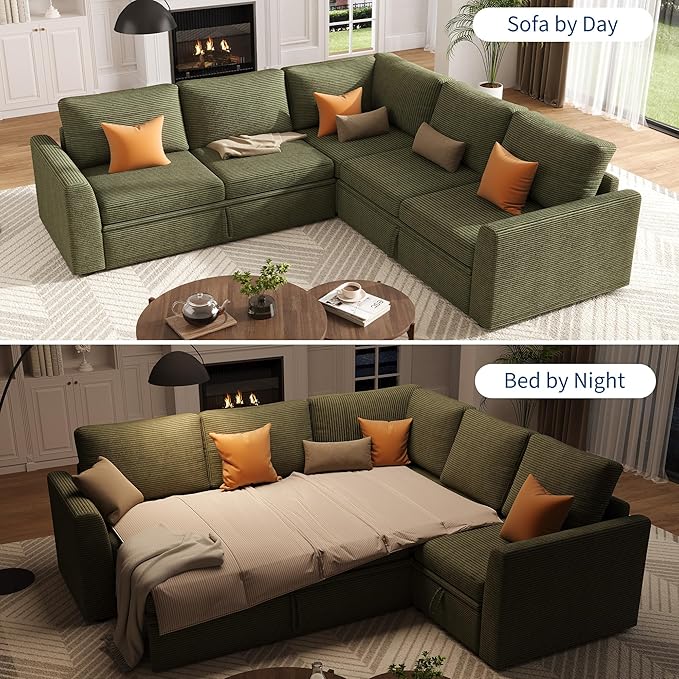 GarveeHome Sectional Sleeper Sofa with Pull Out Bed, Corduroy Modular Sectional Sofa U Shaped 7 Seat Couch with Pull Out Couch and Storage Seat & Ottoman, Convertible Couches for Living Room
