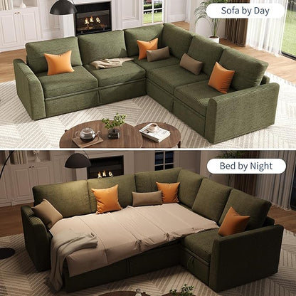 GarveeHome Sectional Sleeper Sofa with Pull Out Bed, Corduroy Modular Sectional Sofa U Shaped 7 Seat Couch with Pull Out Couch and Storage Seat & Ottoman, Convertible Couches for Living Room