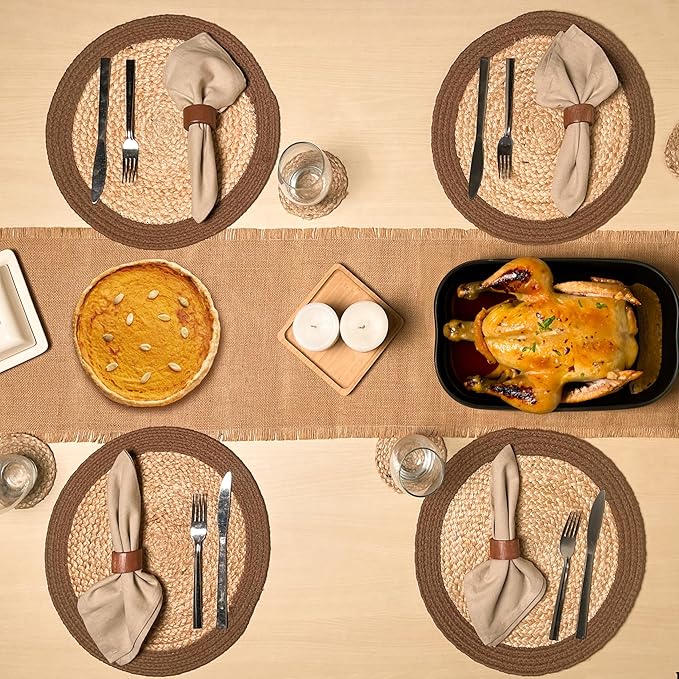Chardin home Round Verona Woven Jute & Cotton Braided PLACEMAT (Set of 4), Size -14 inch, Round, Color - Natural Jute with Brown Border