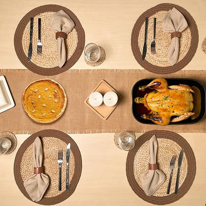 Chardin home Round Verona Woven Jute & Cotton Braided PLACEMAT (Set of 4), Size -14 inch, Round, Color - Natural Jute with Brown Border
