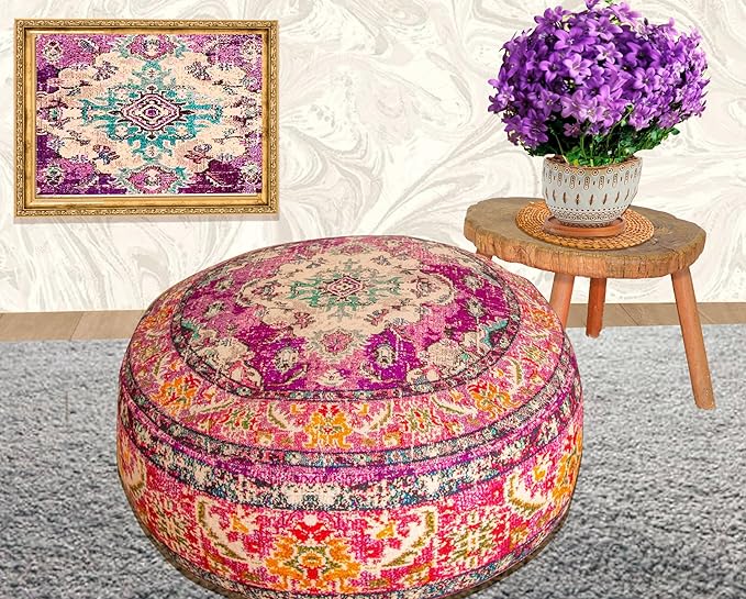 Mandala Life ART Boho Floor Cushion Cover Purple Round Purple Pillow Case Moroccan Décorative Pouf Perfect for Living Room, Bedroom, Nursary or Children Room Pouf BeanBag Stool Cotton 24x8 Unstuffed
