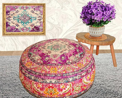 Mandala Life ART Boho Floor Cushion Cover Purple Round Purple Pillow Case Moroccan Décorative Pouf Perfect for Living Room, Bedroom, Nursary or Children Room Pouf BeanBag Stool Cotton 24x8 Unstuffed