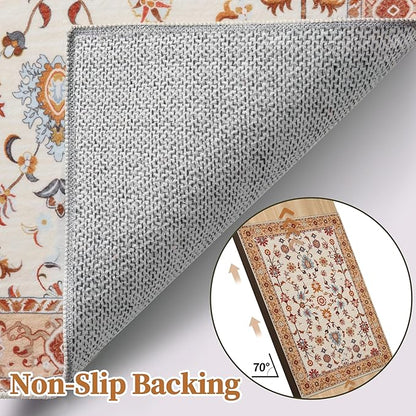 Tangsoo Floral Small Rug 2x3 Washable Rug for Entryways Vintage Non-Slip Area Rugs Orange Entry Rugs Distressed Floor Carpet Soft Low Pile Door Mat for Entrance Bedroom Kitchen Foyer Decor