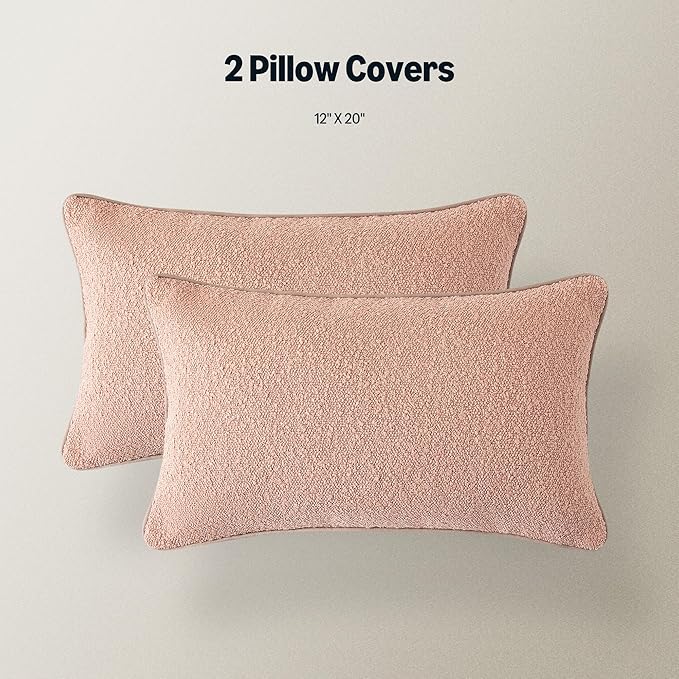 Amazon Basics Boucle Lumbar Throw Pillow Covers for Couch, Living Room, Home Decor with Hidden Zipper, Pink, 12×20in, Pack of 2