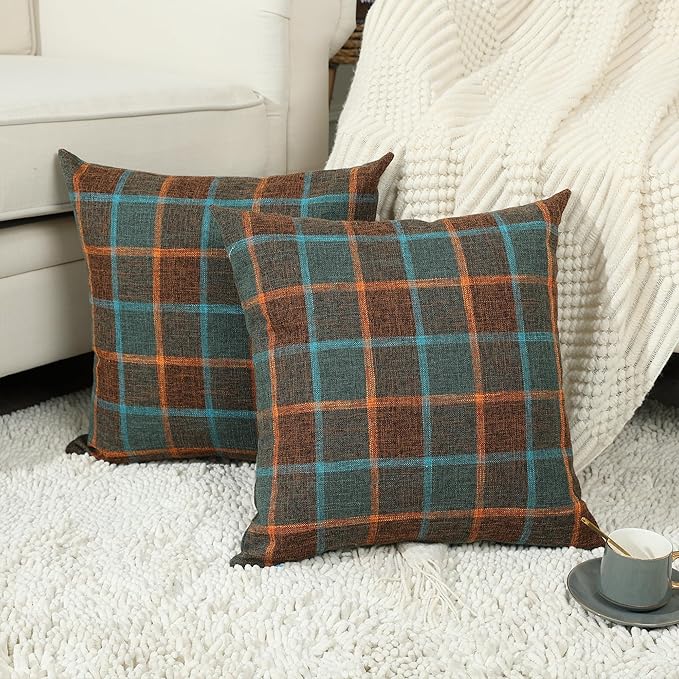 Stellhome Pack of 2 Faux Linen Buffalo Check Throw Pillow Covers, Farmhouse Plaid Decorative Cushion Covers for Couch Sofa Living Room, 24x24 Inch, Blue and Orange