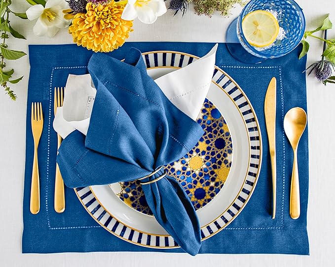 Solino Home Linen Placemats Set of 4 - Classic Hemstitch Indigo Blue Placemats 14 x 19 Inch - 100% Pure Linen Table Mats for Holiday, Winter, New Year