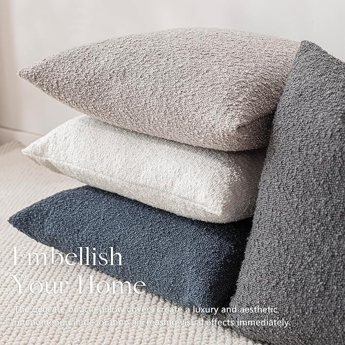 Foindtower Textured Boucle Throw Pillow Covers Accent Solid Lumbar Pillow Cases Cozy Soft Decorative Couch Cushion Case for Chair Sofa Bedroom Living Room Home Decor, 12 x 20 Inch,Neutral Grey