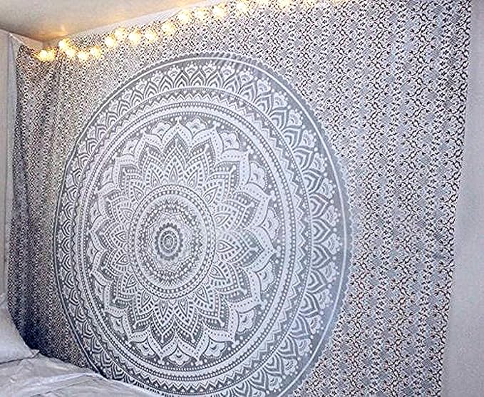 raajsee Silver Grey Mandala Wall Hanging – Aesthetic Indie Decor for Bedroom – Boho Trippy Small 30x40 Inches