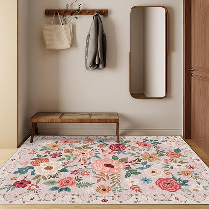 DUKINO 3x5 Area Rug, Floral Rugs for Entryway, Lightweight Non Slip Washable Rug, Indoor Low Pile & Non-Shedding Boho Design Rugs for Bedroom, Living Room, Dining Room, Kitchen, Beige