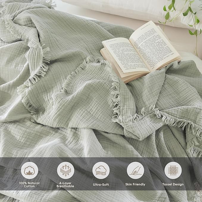 MooMee Muslin Blanket - 100% Cotton 4-Layer Gauze Throw Blanket with Tassels Ultra-Soft Breathable Lightweight Cooling for Bed Couch (Sage Green,Throw 60" x 50")