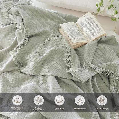 MooMee Muslin Blanket - 100% Cotton 4-Layer Gauze Throw Blanket with All-Around Fringe Ultra-Soft Breathable Lightweight Cooling for Bed Couch (Sage Green,Twin XL 66" x 90")