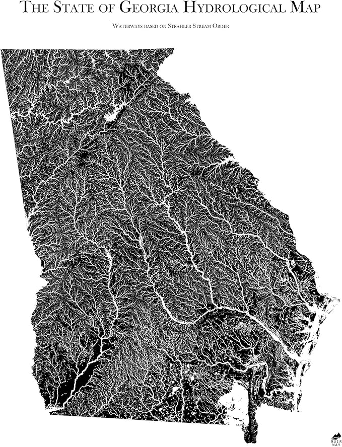 Muir Way Hydrological River Map of Georgia - Watershed Topographic Wall Art for Home, Office, or Travel Decor - Unframed Flat Paper Print, 24x30