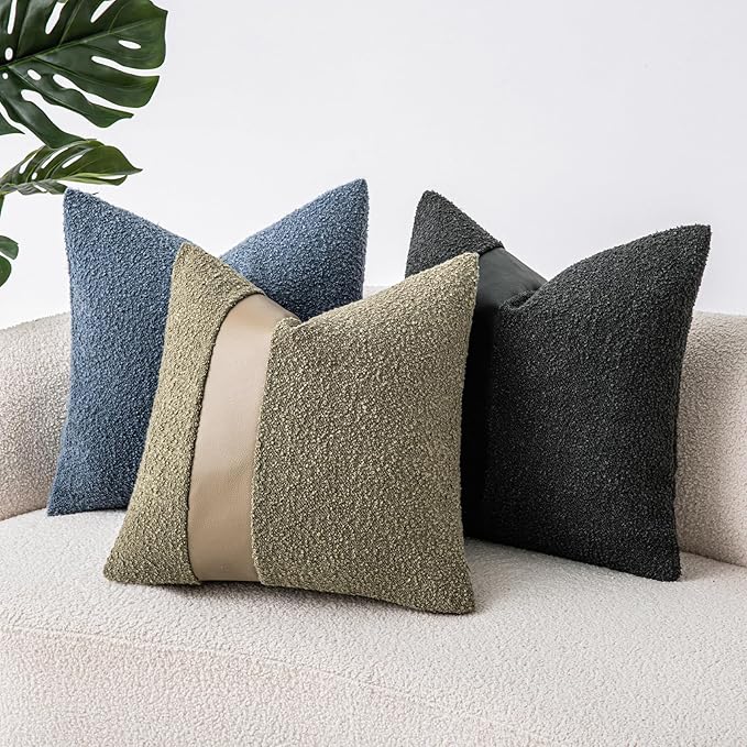 20"x20" Charcoal Black Boucle Throw Pillow Covers with Faux Leather Accents Set of 2 Fluffy Textured Decorative Pillow Cases for Couch Bed Boho Farmhouse Square Cushion Covers for Nordic Home