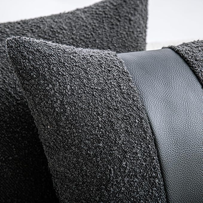 24"x24" Charcoal Black Boucle Pillow Covers with Faux Leather Accents Set of 2 Fluffy Textured Decorative Throw Pillow Cases for Couch Bed Boho Farmhouse Square Cushion Covers for Home Décor