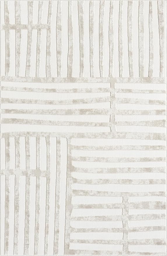 Abani Beige Area Rug - 8' x 10' - Living Room & Bedroom - Abstract Stripe Design - Indoor Use - Easy to Clean, Stain Resistant, Non-Shedding - Neutral Collection