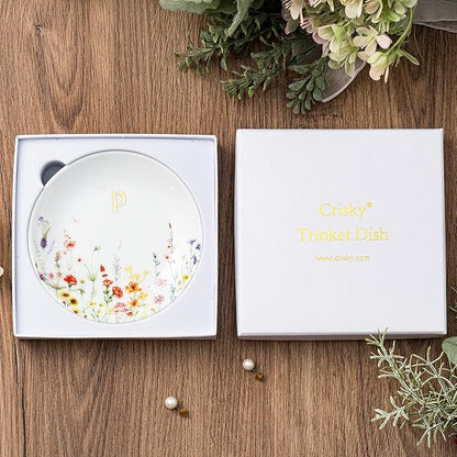Crisky Initial Jewelry Tray Ring Dish & Gift Box, Ceramic Flower Trinket Dish for Rings Earrings Necklaces Keys, Bridal Shower Engagement Birthday Gift for Women, Friends 4.57" (Gold Foil P