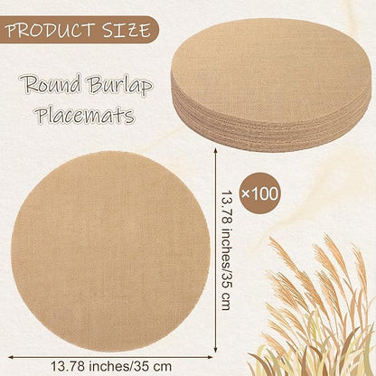 Aneco 100 Pieces Round Burlap Placemats 13.78 Inch Reusable Brown Table Mats Heat Resistant Natural Jute Fibers Placemats Burlap Circle Rustic Table Decorations for Dinner Holiday Farmhouse Decor