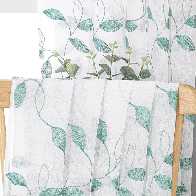 Tollpiz Teal Blue Leaf Sheer Curtains Leaves Embroidered Living Room Curtain Rod Pocket Voile Window Treatments for Bedroom, 54 x 63 inches Long, Set of 2 Panels