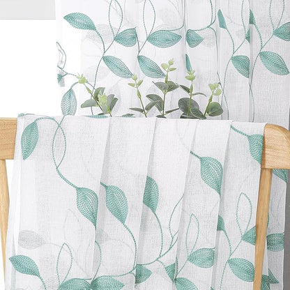 Tollpiz Teal Blue Leaf Sheer Tier Curtains Leaves Embroidered Kitchen Short Curtain Rod Pocket Voile Bathroom Curtains for Cafe, 30 x 24 inches Long, Set of 2 Panels