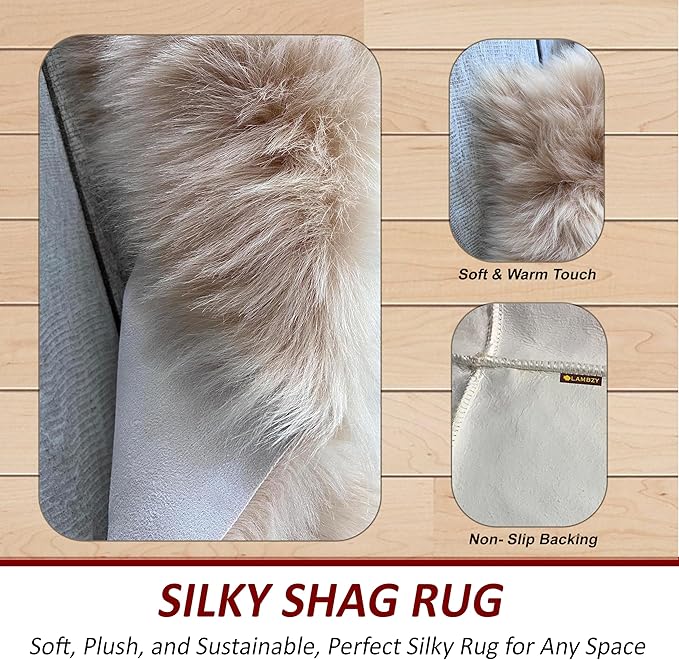 LAMBZY Faux Sheepskin Super Soft Hypoallergenic Silky Shag Rug for Living Room, Kids Room, Sofa (Quarto 4 Pelts 4'x6', Beige)