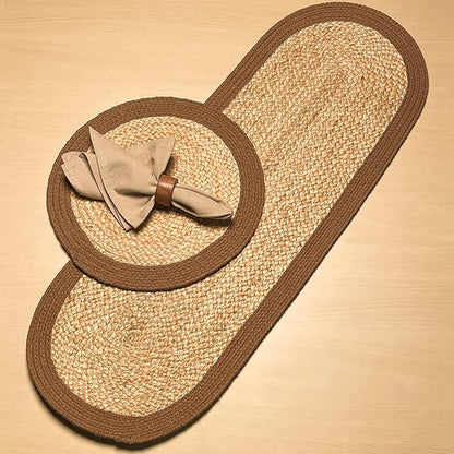 CHARDIN HOME Verona Oval Woven Jute & Cotton Braided Table Runner, Size -13 x 36 Inches, Color - Natural Jute with Brown Border