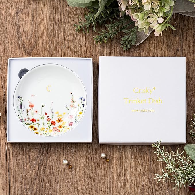 Crisky Initial Jewelry Tray Ring Dish & Gift Box, Ceramic Flower Trinket Dish for Rings Earrings Necklaces Keys, Bridal Shower Engagement Birthday Gift for Women, Friends 4.57" (Gold Foil C