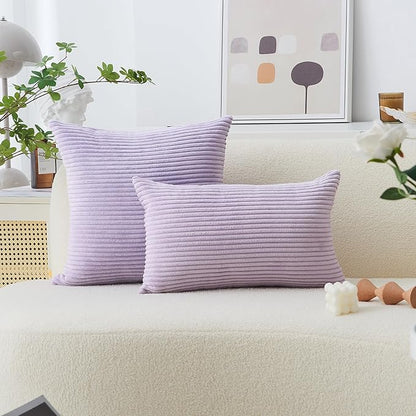 Home Brilliant Light Purple Pillow Covers Supersoft Velvet Corduroy Striped Throw Pillow Covers Couch 2 Pieces Accent Pillow Cases for Bedroom, 55cm, 22 x 22 Inch, Lavender