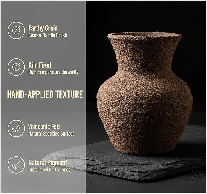 Rustic Wide Mouth Ceramic Flower Vase - Vintage Farmhouse Style Decor, Handmade Clay Pottery Terracotta Textured for Living Room, Office Desk Table Shelf (Dark brown3)