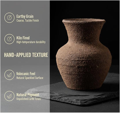 Rustic Wide Mouth Ceramic Flower Vase - Vintage Farmhouse Style Decor, Handmade Clay Pottery Terracotta Textured for Living Room, Office Desk Table Shelf (Dark brown3)